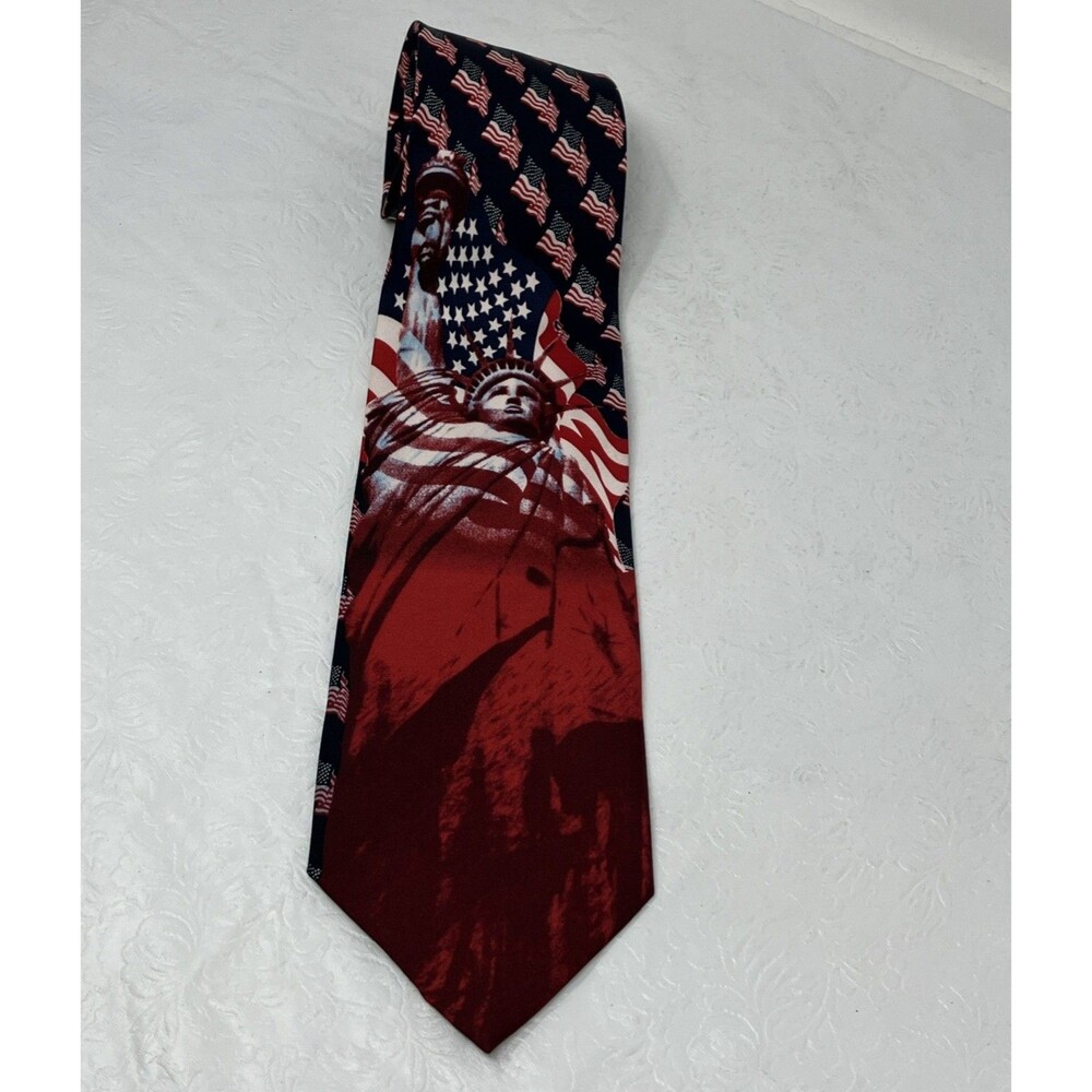Wolfmark Silk Necktie USA Flag Statue Of Liberty Wide 4 Inch 60 Inch
